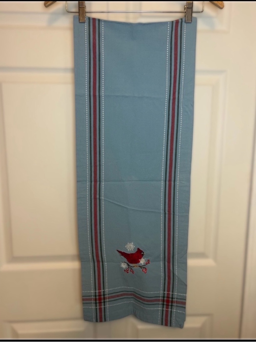 Blue Plaid Embroidered Cardinal Table Runner 67” Winter Decor